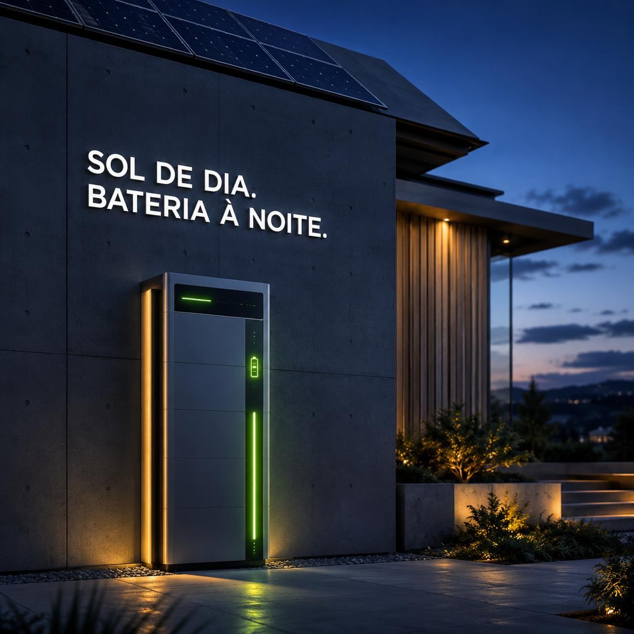 Bateria de lítio integrada a um sistema de energia solar em residência ao anoitecer