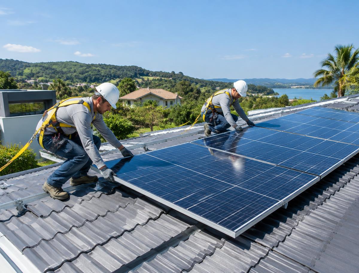 Profissionais instalando painéis solares
